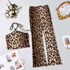 11668 Novo Conjunto de Calça e Top Feminino Europeu e Americano Transfronteiriço com Estampa de Leopardo, Alça no Pescoço, Costas Abertas, Cintura Alta, Micro-flare
