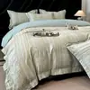 Algodón Agradable para la Piel Jacquard Tejido de Color Juego de Cama de Cuatro Piezas Funda de Edredón de Algodón Puro Funda de Almohada Sábana Plana Sábana Ajustable Juego Doble para el Hogar de Cuatro Estaciones