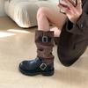 Botas Slouch de Tubo Largo Adelgazantes con Parches para Mujer Otoño 2025 Nuevo Nicho Retro Aumento de Altura Suela Gruesa Media Caña para Mujeres Petite