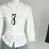 Camisa polo de manga sete-quartos acinturada cor sólida gola polo feminina estilo desejo puro design de temperamento sentido casual irregular curta