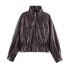 Chaqueta de cuero PU estilo americano con cuello alto para mujer, cintura con cordón, bolsillos grandes, corte holgado, otoño en stock 4749706