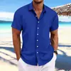 2025 Cross-Border Amazon Aliexpress Nova Camisa Casual Solta de Manga Curta Jacquard de Algodão e Linho para Homem Respirável