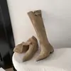 Botas de Caballero Retro para Mujer Punta Fina Marrón Estilo Páramo Meillard Botas de Tacón Grueso Botas Largas Botas Altas Plisadas
