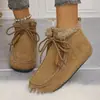 Novos sapatos baixos de algodão curtos com acabamento em pele para travessia de fronteira, tamanho grande, para mulheres, botas curtas de neve quentes com cadarço e forro de pelúcia para mulheres