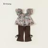 Envío Gratis Ropa Infantil Conjunto de Verano Niños Camisa de Muñeca Flor Rosa Conjunto Retro de Dos Piezas Pantalones de Campana para Niñas Atuendo de Moda