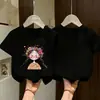Camiseta de Algodão Manga Curta Estampa Cartoon Fofa de Verão para Meninas 2026 Nova Roupa Infantil Cartoon Gola Redonda