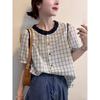 (Algodón) Camisa a Cuadros de Color Contrastante con Cuello de Muñeca para Mujer Estilo Europeo Moda Femenina Verano 2026 Camiseta Elegante de Manga Corta A4012
