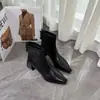 2026 Nuevas Botas Cortas de Punta Cuadrada para Mujer Primavera y Otoño, Botines de Tacón Grueso de Piel Genuina de Tacón Medio, Zapatos de Cuero con Forro de Felpa para Mujer Otoño e Invierno de Tacón Alto