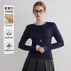 Camiseta Básica de Lã Tencel com Gola Redonda Bordada Feminina Outono Inverno Novo Design Sensação Amiga da Pele Top Modelador A14976