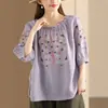 Camisa de Algodão Linho Bordada Artística Manga Curta Feminina Verão 2026 Novo Estilo Solta Casual Fina Gola Redonda Top Feminino