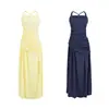 Novo vestido de moda feminina estilo europeu e americano, elegante gola quadrada lisa, cintura plissada com faixas, vestido longo formal de alta qualidade