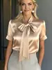 2026Ebay Amazon Wsih Camisa de Cetim com Laço de Manga Curta Mais Vendida para Mulheres, Elegante e Adequada para o Trabalho
