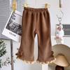 Calça Wide Leg com Laço de PomPom para Meninas Outono e Inverno Novo Estilo Bebê Menina Novo Renda Fleece Espessada Calça Flare