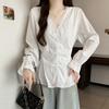 Camisa de Manga Larga con Encaje Empalmado Estilo Francés Nueva de Otoño para Mujer para Cubrir el Vientre, Cintura Delgada y Camisa Delgada con Cordones