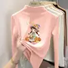 Camada de base de fleece escovado da moda para meninas, outono e inverno, para crianças mais velhas, com estampas de desenhos animados fofas, top quente de manga comprida