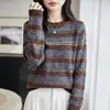 Suéter de Punto a Rayas Retro Color Block para Mujer Cuello Redondo Manga Larga Holgado Suéter Otoño Invierno Versátil Casual Top Básico