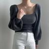 Suéter vintage elegante con cuello cuadrado y mangas abullonadas de punto de color liso para mujer, otoño e invierno, cálido, de manga larga, con cintura adelgazante
