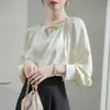 Foto real 2025 camisa de cetim damasco francês feminina design de primavera temperamento chique top justo