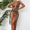 Traje de baño de tres piezas de malla con estampado de leopardo europeo y americano, cuello halter, para mujer, Bikini Amazon, Traje de baño con protección solar para mujer