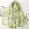 Lenço Floral Artístico em Aquarela Cor de Menta para Primavera com Estampa de Plantas Amarelo-Verde Limão e Franjas, Xale Estilo Férias para Mulheres