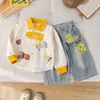 Terno Masculino para Primavera e Outono, Nova Jaqueta Cartoon Fofa Estilo Coreano, Conjunto Casual Infantil de Duas Peças com Calça