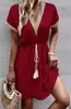 Vestido Casual de Moda para Mujer, para Vacaciones, Viajes, con Encaje Patchwork, Cuello en V, Cinturón de Borlas y Diseño Ceñidor de Cintura