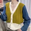 Suéter de Gola V Novo Estilo Outono e Inverno com Mangas Jeans para Mulheres, Design Solto Color Block, Cardigã Tricotado Retrô Artístico