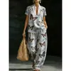 Conjunto casual de 2 peças para mulheres, estilo europeu e americano, com decote em V e estampa geométrica, apresentando calças de perna larga com corte solto, disponível para vendas transfronteiriças