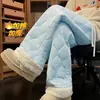Calça de Algodão Nova de Inverno Xadrez Acolchoada de Perna Larga para Homens e Mulheres, Com Veludo Extra, Punhos Mais Grossos de Lã de Cordeiro, Calça de Algodão Casual Quente