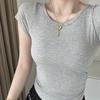 Playera de Manga Corta de Una Pieza con Almohadilla en el Pecho para Mujer Verano Nueva Playera de Cuello Redondo con Hombro Caído Top Ajustado Versátil para Chica Picante