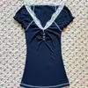 Verano Nuevo Ropa de Mujer Azul Marino Encaje Patchwork Top Sencillo Ajustado Sexy Cuello en V Manga Corta Camiseta Venta al por Mayor