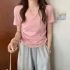 Camiseta Elegante de Manga Corta para Mujer, Estilo Puro Deseo, Ajustada, con Cuello en V y Cordón, Color Sólido, Top Estudiante de Moda, Novedad Verano 2026