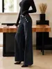 Calça jeans feminina reta estilo europeu e americano transfronteiriça em jeans preto e cinza lavado com botões dourados de dupla face e dupla carreira e um design solto e drapeado