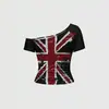 Camiseta Cropped Off-Shoulder Estilo Retrô Americano com Bandeira Union Jack e Estampa Vintage, Modelagem Justa, Manga Curta Sexy Off-Shoulder Y2K
