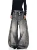 Jeans de Diseño Ancho Retro Americano de Nicho High Street Estampado 3D Desgastados Deconstruidos de Cimitarra Unisex de Moda