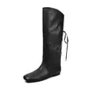 Versión de Piel de Vaca Aumento Interior 4cm Cordones en la Espalda Botas de Caballero Punta Cuadrada Pantorrilla Ancha Caídas de Moda Versátiles Alargadoras Botas Largas