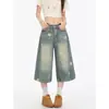 Calça Jeans Capri Estampada de Estrelas Vintage para Mulheres, Verão Fina Tendência Novo Estilo, Petite Solta de Perna Larga Comprimento Médio