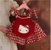 Lindo conjunto xadrez vermelho para meninas, blusa de alcinha estilosa com estampa de gato + shorts xadrez, novo conjunto de duas peças de verão para bebês meninas