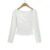 Camiseta sexy de manga larga con escote en V pronunciado, el pequeño secreto de la chica picante, estilo Hong Kong, muestra la figura, ciñe la cintura, adelgaza, top de capa base para mujer