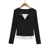 Cl2609-26 Estilo Novo de Primavera Cedo Estilo Europeu e Americano com Costura em Cor Contrastante e Camiseta de Manga Longa Falsa de Duas Peças para Esportes