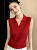 Camiseta sin mangas de punto de seda helada con cuello polo rojo para mujer, top casual versátil de verano ajustado