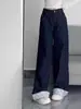 Pantalones de mezclilla oscura estilo retro americano talla grande para mujer, con diseño de patchwork a cuadros y lazo, cintura alta, efecto adelgazante, corte holgado y pierna ancha, estilo hasta el suelo