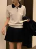 Suéter de malha feminina com lapela de polo bordada, manga curta, 2025 primavera e verão, explosão de cores, gola contrastante, top curto feminino