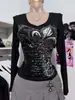 Estilo Ins Ajustado Color Sólido Estampado Pedrería Manga Larga Camiseta para Mujer Cuello en U Chica Popular Estilo Callejero Americano Retro