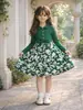 Vestido de Encaje Verde con Lazos y Estampado Floral de Retazos, Manga Larga, para Niñas de Primavera y Otoño, Ropa Infantil de Moda, Suministro Transfronterizo