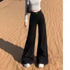 Pantalones vaqueros negros americanos de pierna ancha para mujer, nueva colección otoño/invierno 2024, forrados de felpa, de talle alto, corte recto holgado y engrosado.