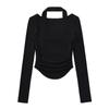 Top plisado curvo de cuello cuadrado de estilo puro para mujer otoño chica hot hombro halter falso de dos piezas camiseta de manga corta larga para mujer
