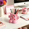 Porta-canetas de gato rosa fofo, ornamento estético para mesa de escritório, caixa de armazenamento de material escolar para estudantes de grande capacidade criativa