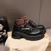 Versão em Couro de Vaca, Aumento de Altura 6cm, Couro de Cavalo Lavado, Fivela Pequena Dourada, Salto Grosso, Mocassins de Solado Grosso, Sapatos de Couro Femininos para Primavera e Outono
