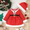 Vestido Navideño para Bebé Estampado de Papá Noel Europeo y Americano Adorno de Felpa Mameluco de Manga Larga con Gorro